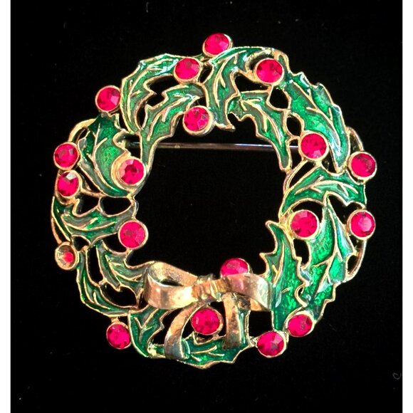 Eisenberg Ice Christmas Wreath Brooch Vintage Green & Red Rhinestones Gold-Tone - Picture 1 of 9